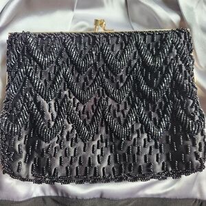 Vintage Beaded Satin Handbag with gold chain